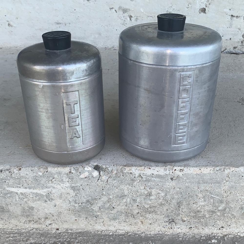 Vintage Brushed Aluminum Tea & Coffee Canister Set